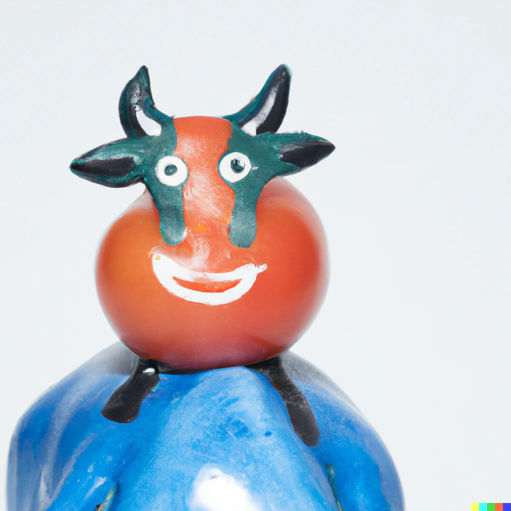 Prompt: a tomato with a friendly face on top of a blue cow