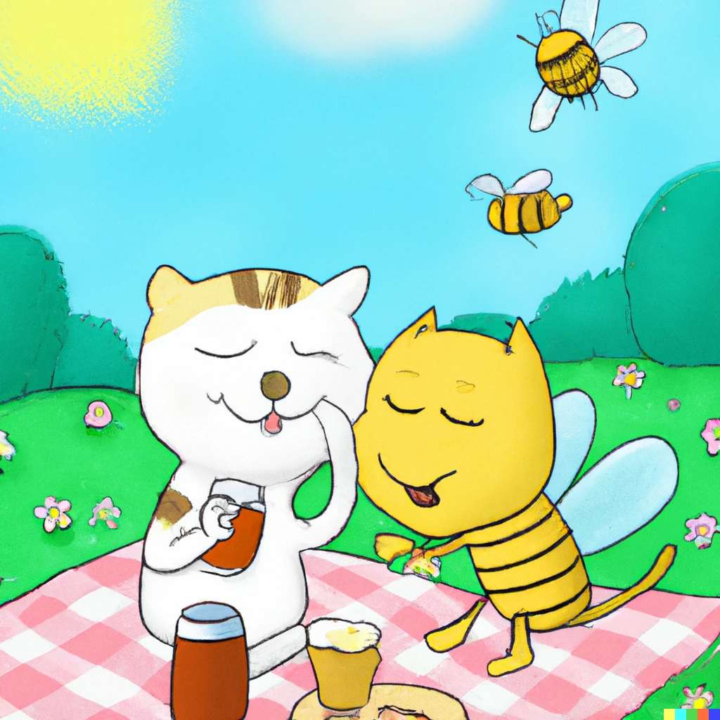Prompt: a friendly smiling bee and a cat have a picnic on a beautiful summer day
