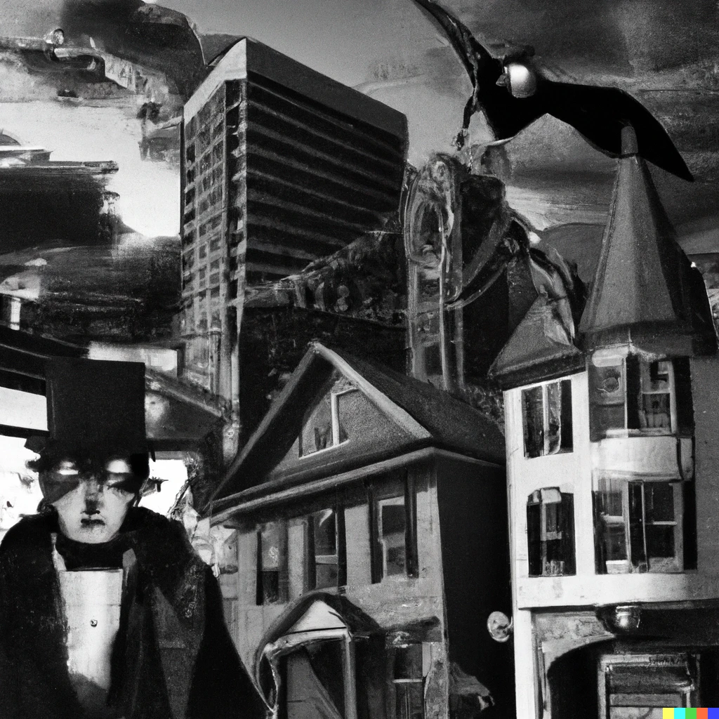 Prompt: a photograph of baltimore in the future with Edgar Allan poe