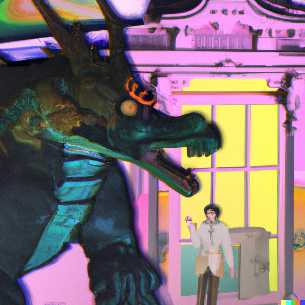 Prompt: Kaiju figure arrested by columbo in a dollhouse vaporwave