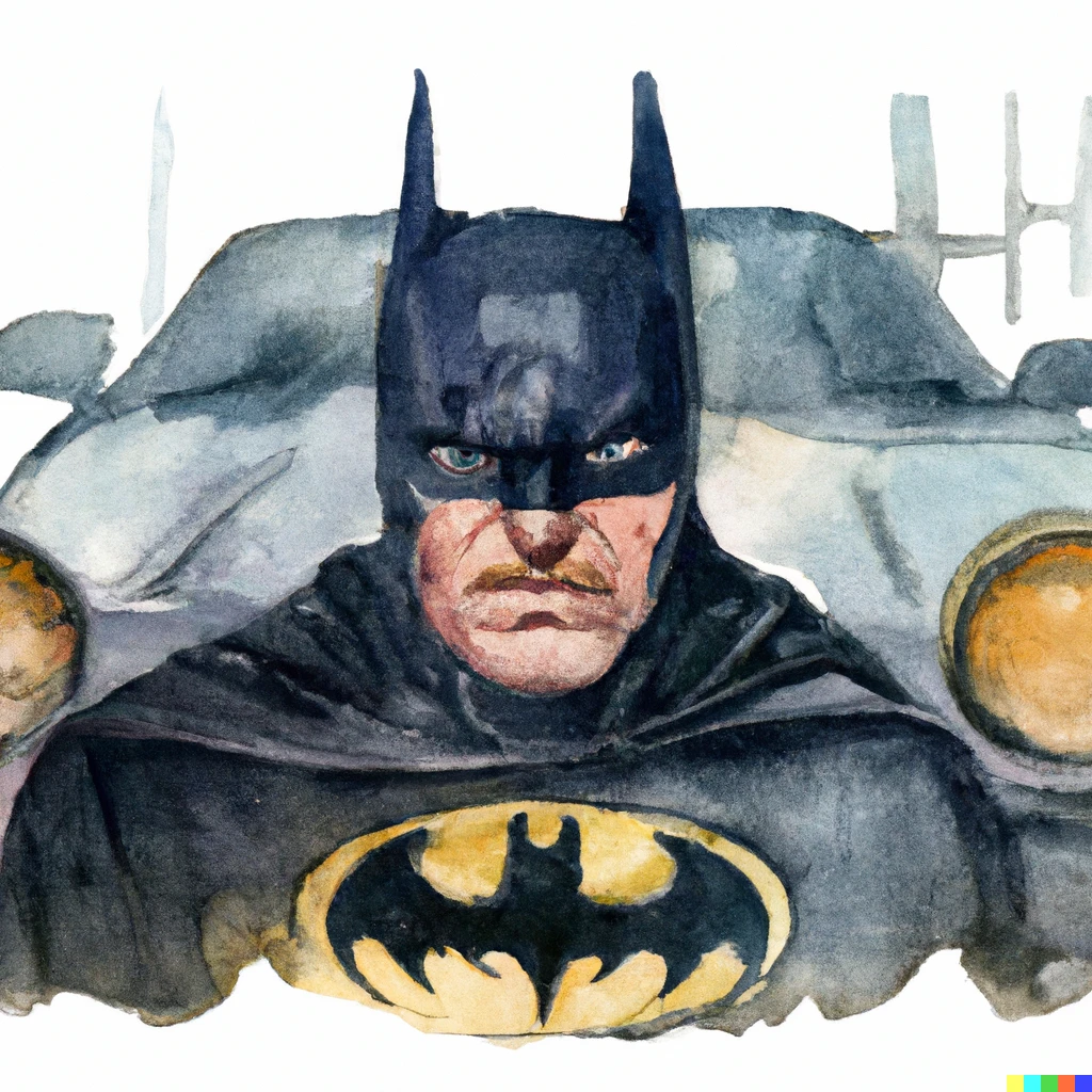 Prompt: Watercolor portrait of batman in front of the batmobile 