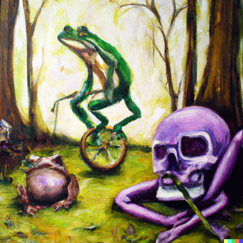 Prompt: An expressive oil painting of and Action figure with a skull head on a unicycle in the woods next to three purple frogs 