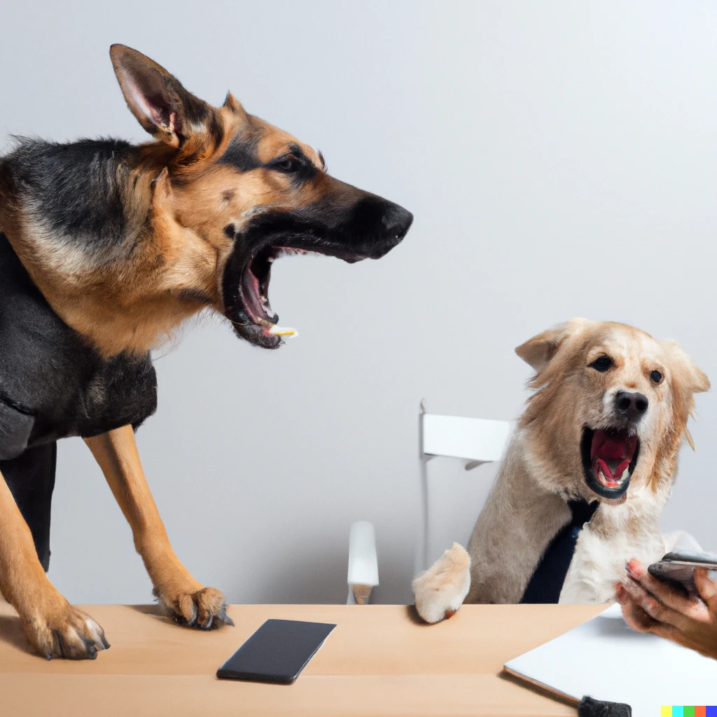 Prompt: Angry German Shepard dog in a business suit barking ferociously at a scared golden retriever puppy with a mobile phone sitting at a desk, digital art