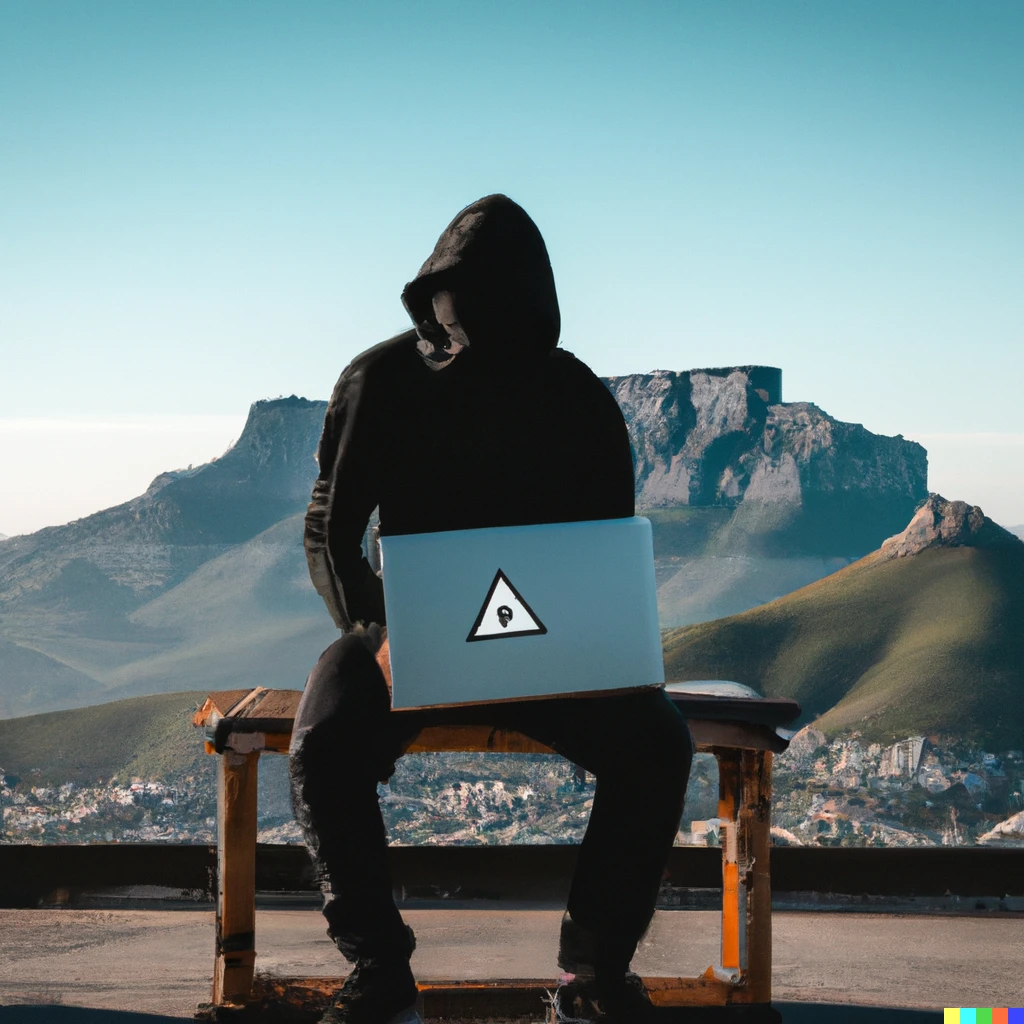 Prompt: a hacker with a laptop on a bilboard with a view of table mountain with a bsides logo