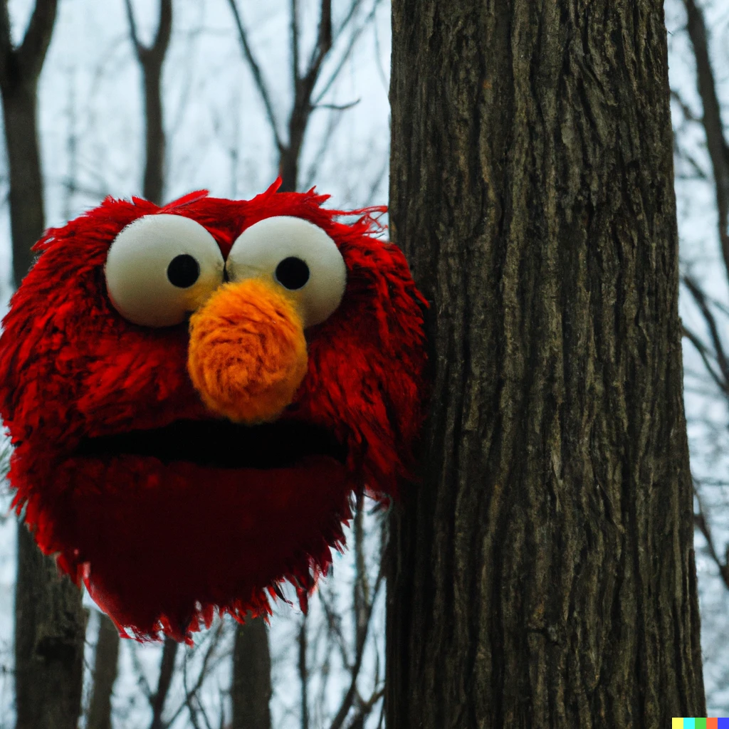 Prompt: elmo from sesame street, the blair witch project