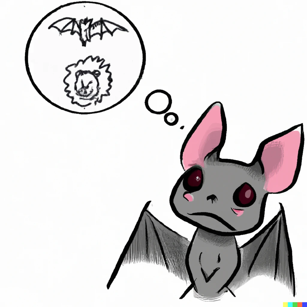 Prompt: a bat, white background, thinking about a bird and a lion, digital art