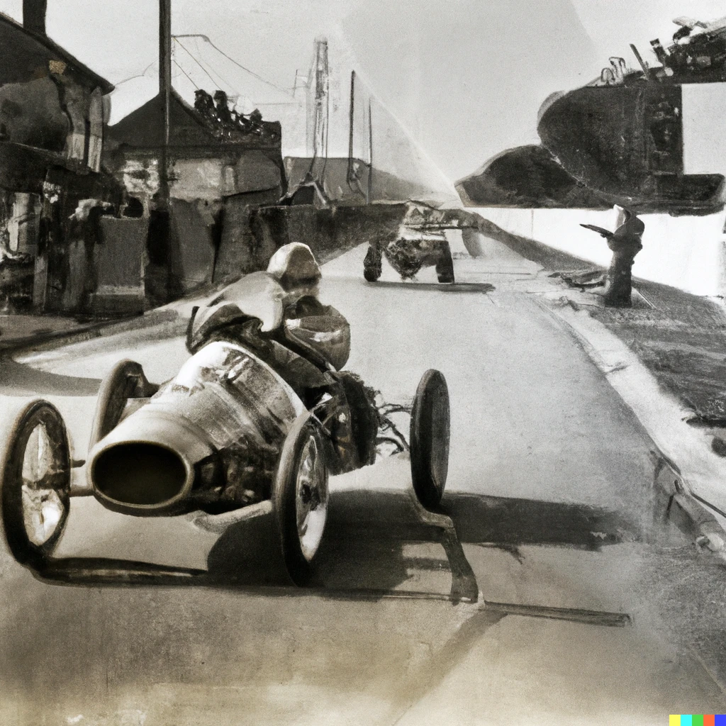 Prompt: 1900s photo of formula one car racing down a street in Leigh on sea