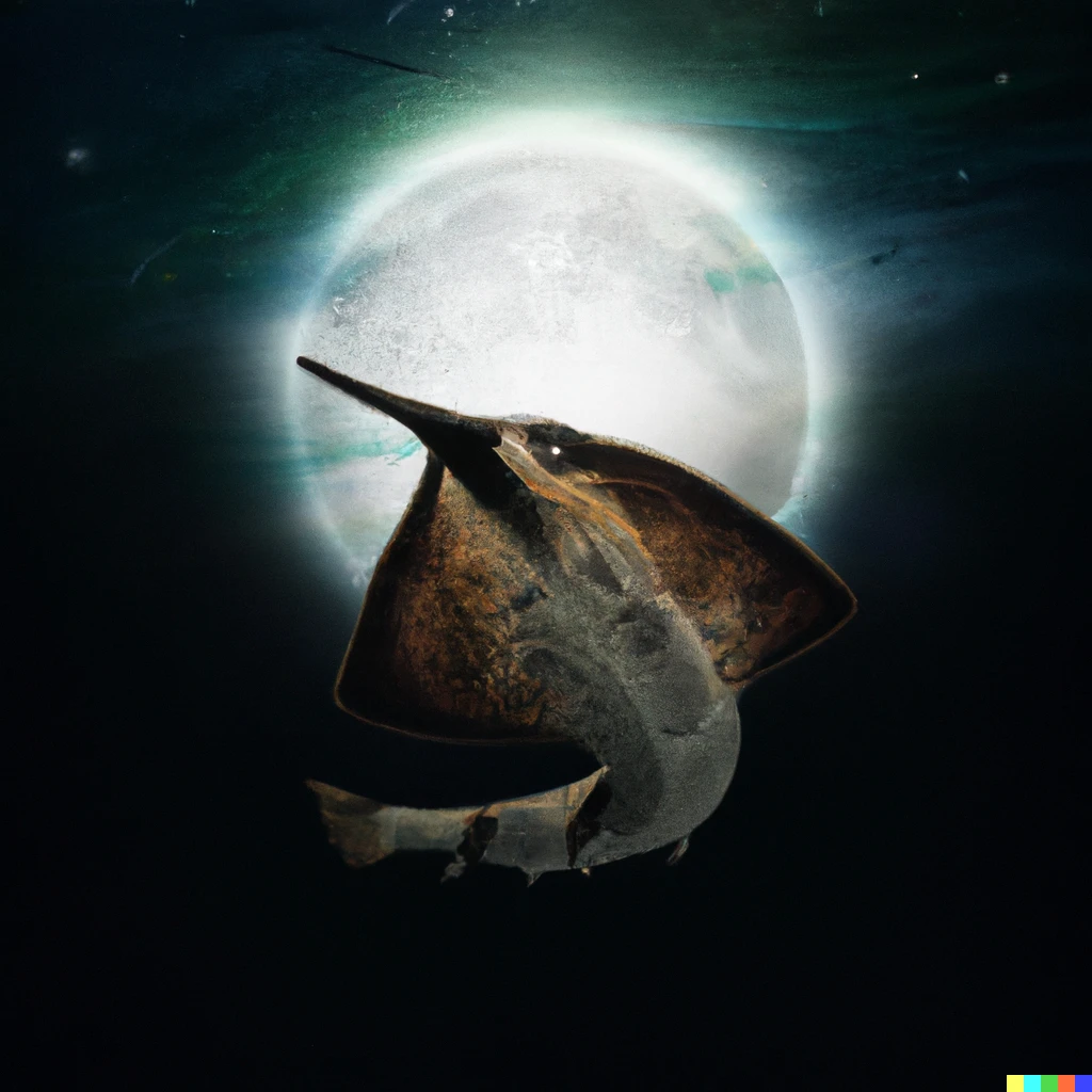 Prompt: A sturgeon fish inside a full moon, digital art.