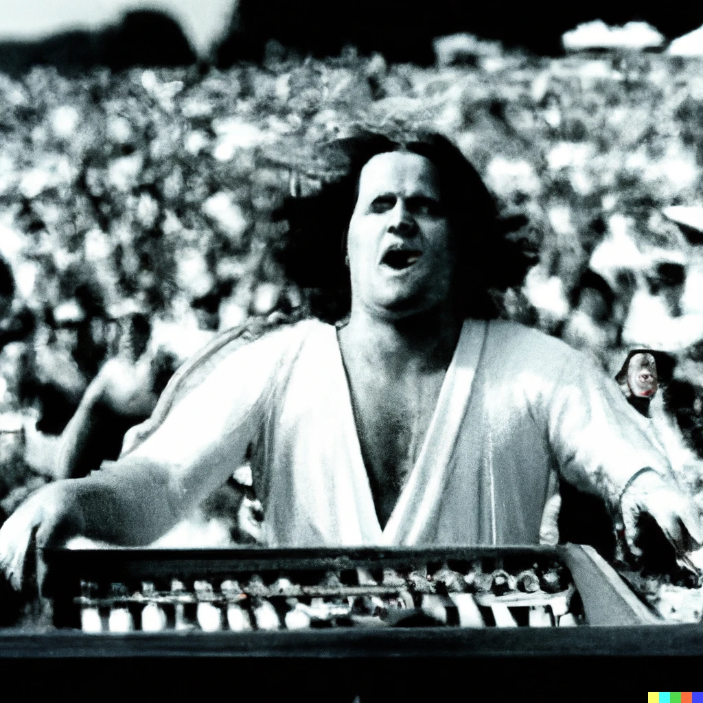 Prompt: Ludwig Van Beethoven playing at Woodstock, 1969
