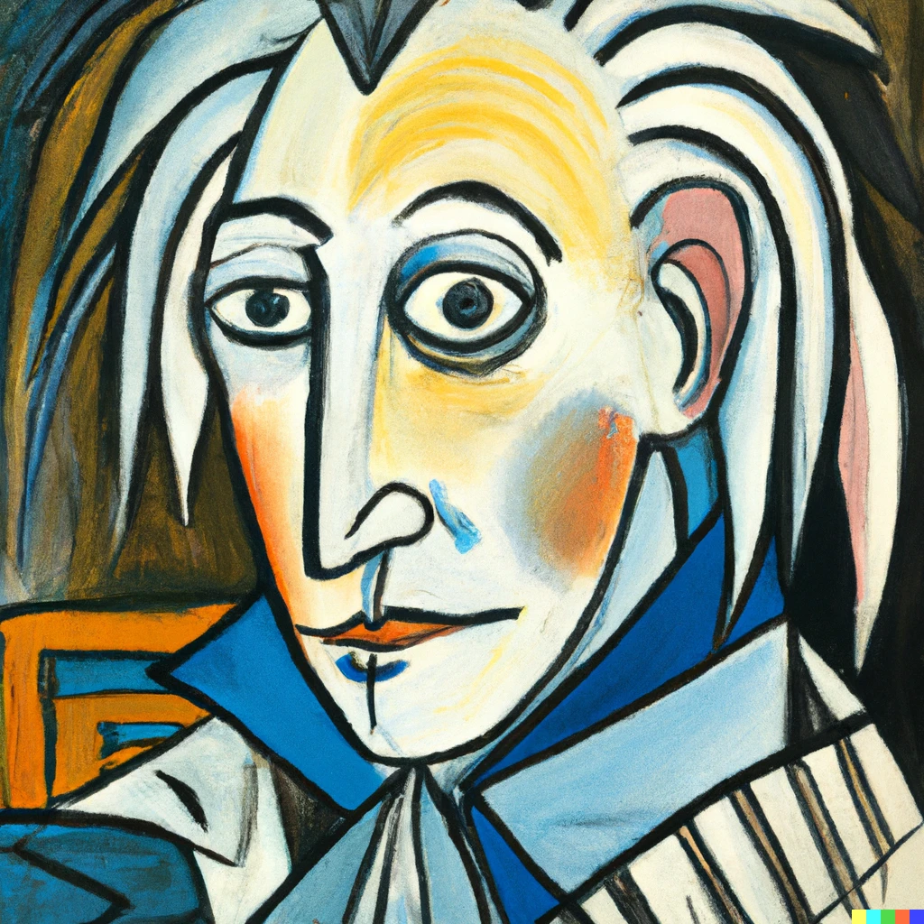 Prompt: A portrait of Mozart painted by Pablo Picasso