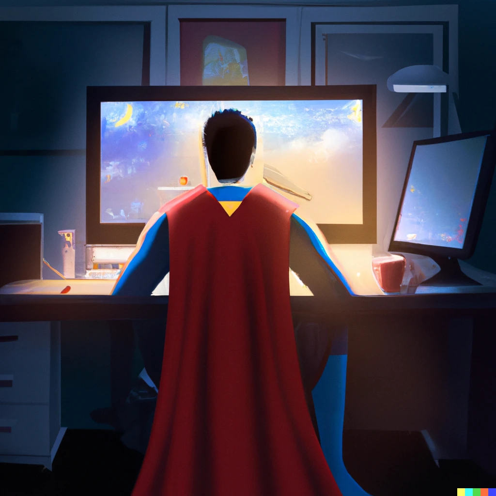 Prompt: superman working on the computer in telework , digital art