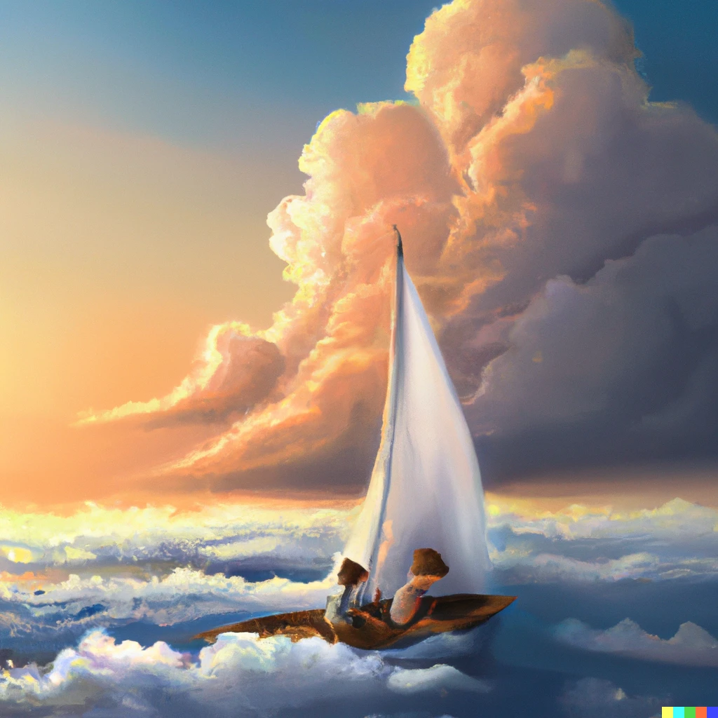 Prompt: A sailboat sailing on top of a cloud in the sky. Two small children are in the boat laughing. It is sunset. Digital art. 