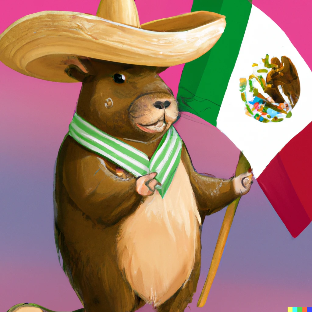 Prompt: A mexican capybara wearing a sombrero de charro holding a small Mexico flag, Digital art