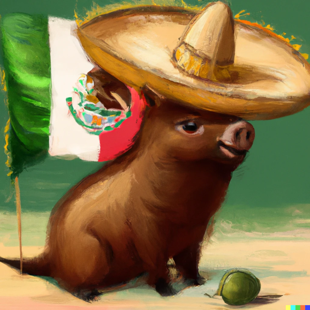 Prompt: A capybara wearing a sombrero de charro holding a small Mexico flag, Digital art