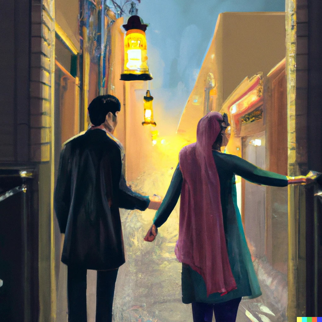 Prompt: A photorealistic portrait of a man and woman while walking and holding hands in a well lit street in Iran, digital art