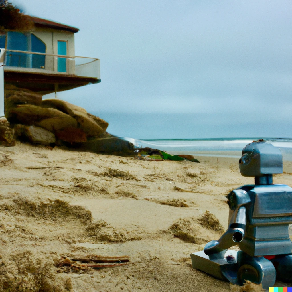 Prompt: A photorealistic photo of a robot doing soul searching on a serene beach house next to the San Diego beach