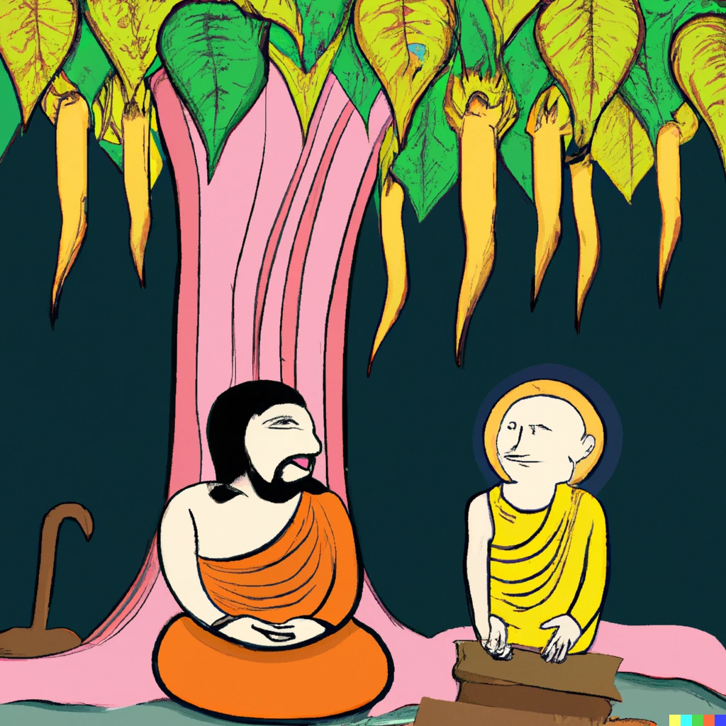 Prompt: Jesus and Gautam Buddha relaxing and talking under Bodhi tree