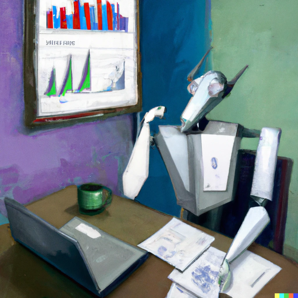Prompt: A painting of a robot in front of a computer, using Excel but is frustrated with his spreadsheet, in a surrealist style
