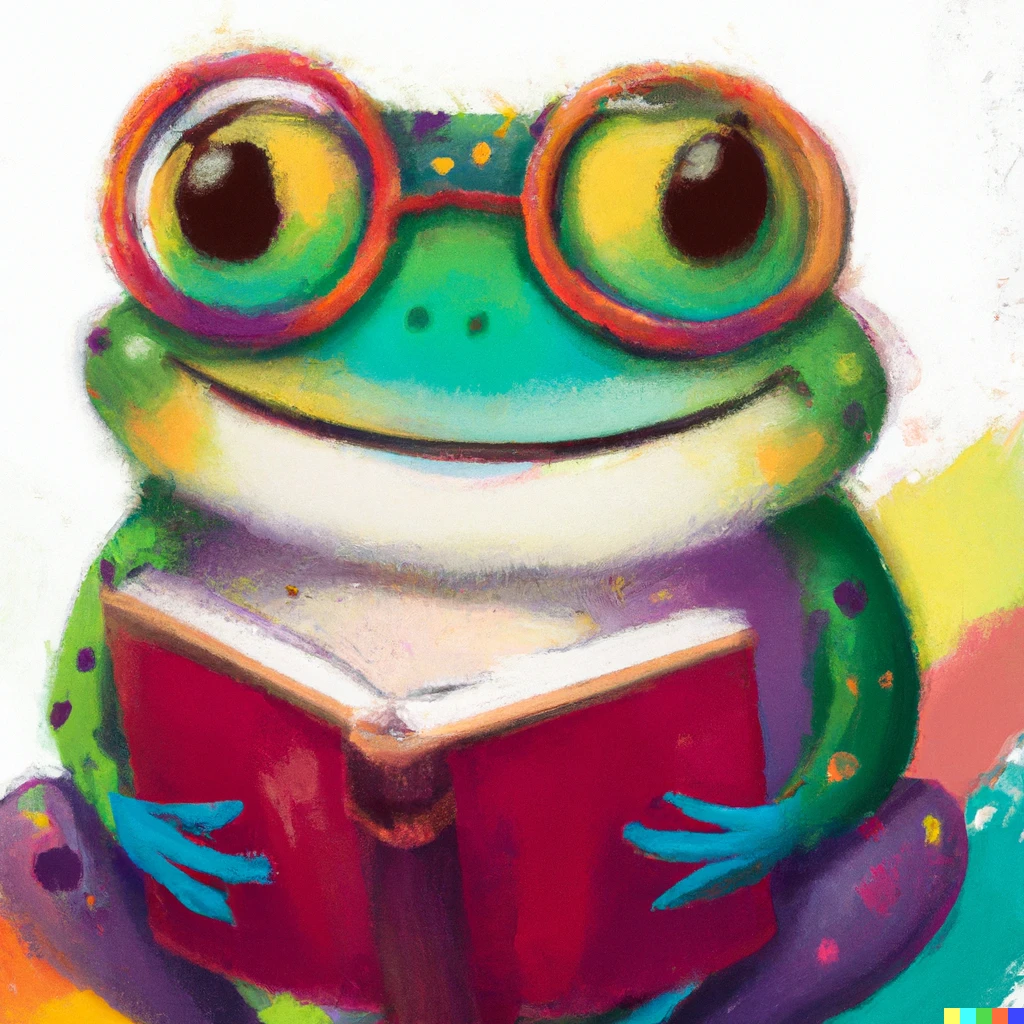 Prompt: A portrait of a cute and smiling rainbow frog wearing glasses, reading a book, with very textured paint and a white background.  