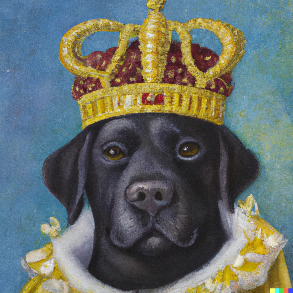 Prompt: an oil painting of a labrador dressed as a king wearing a crown 