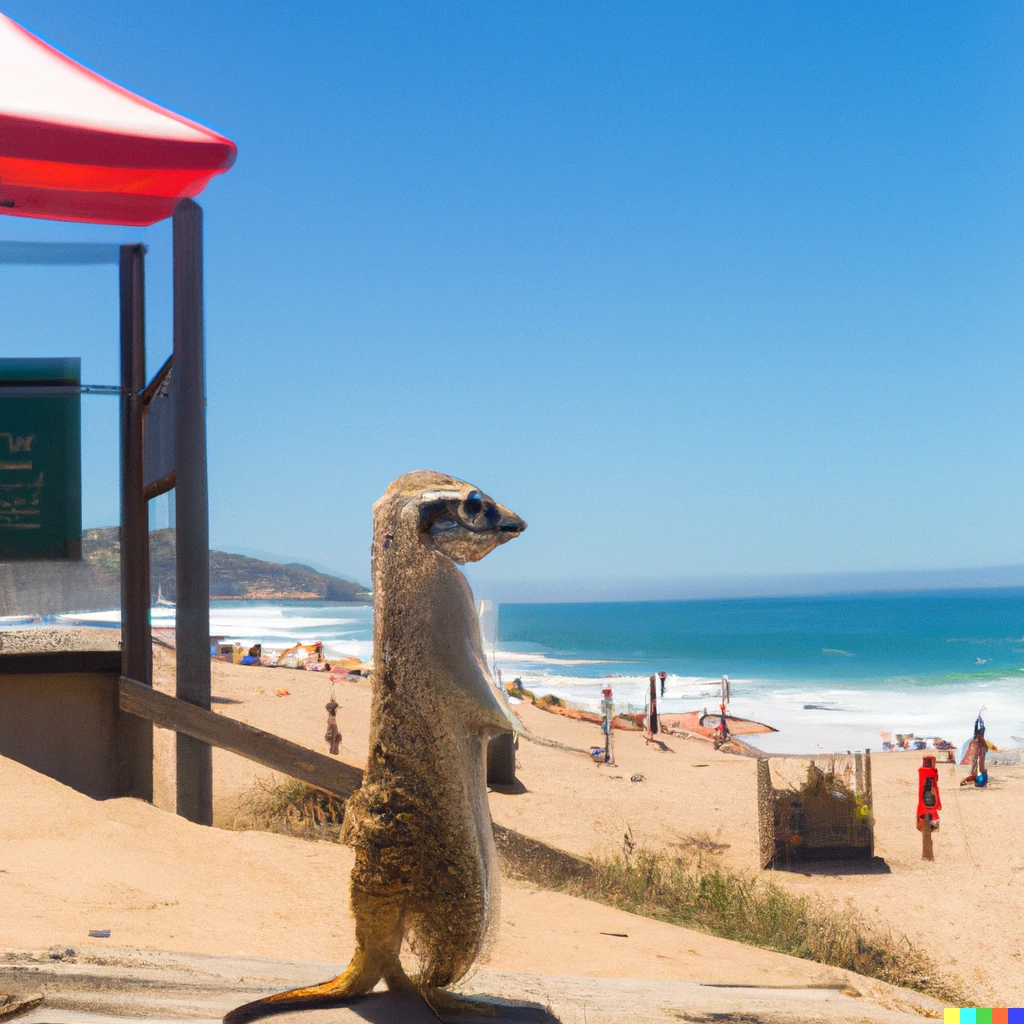 Prompt: A meerkat lifeguard keeping an eye at the beach