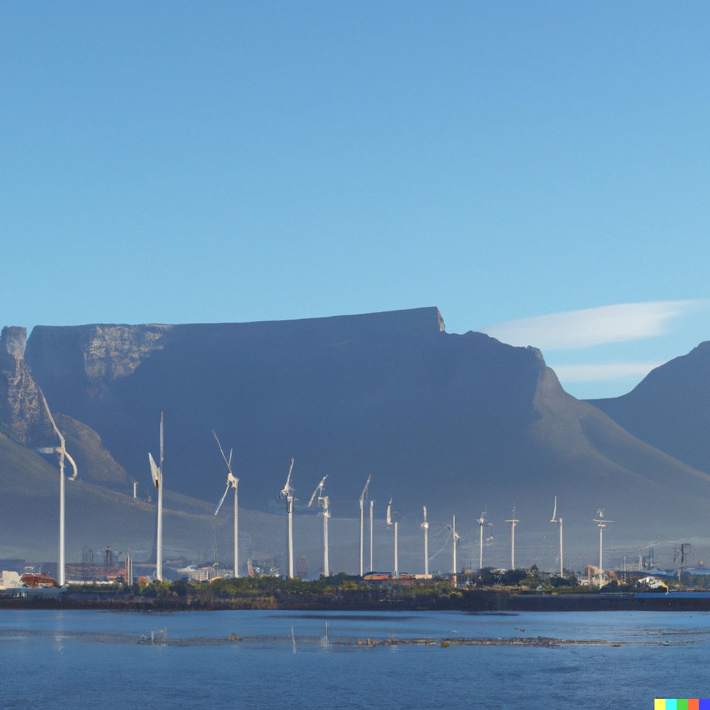 Prompt: A photo of the wind farm in Cape Town  harbour with Table Mountain in the background 