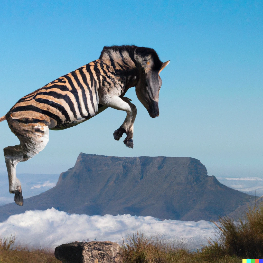 Prompt: A photo of a zebra jumping over Table Mountain.