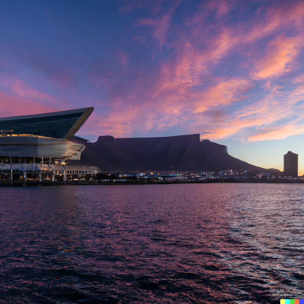 Prompt: A photo taken at sunset from the water of the world famous Cape Town Opera House