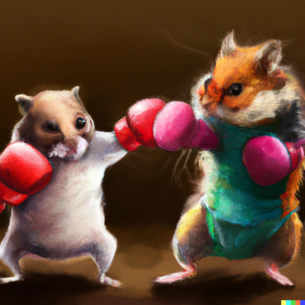 Prompt: A hamster fighting in a boxing match, digital art