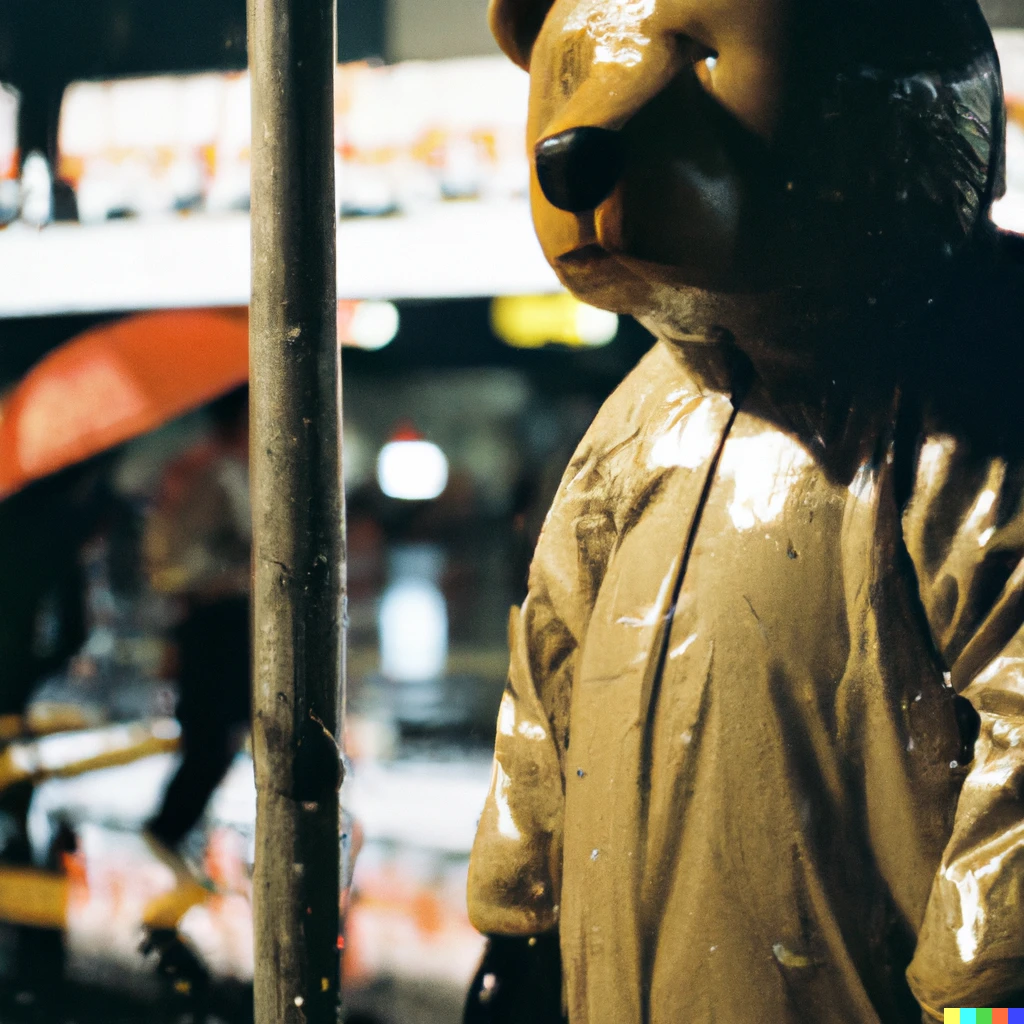 Prompt: 35mm photo of a lonely human-sized humanoid bear in Nike kicks standing in the rain in night Tokyo