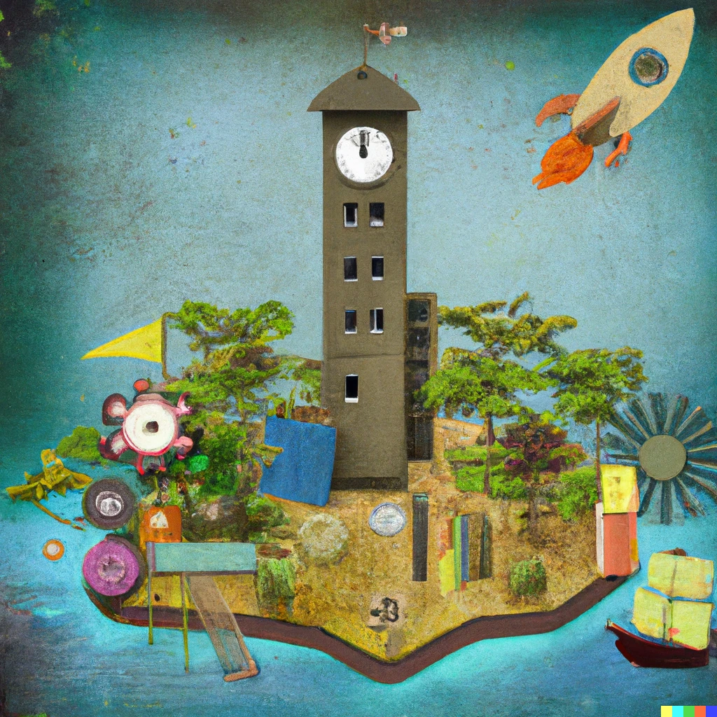 Prompt: An island with a clock tower, library, dock, ship, gear, rocket, and a small forest with one large pine tree.