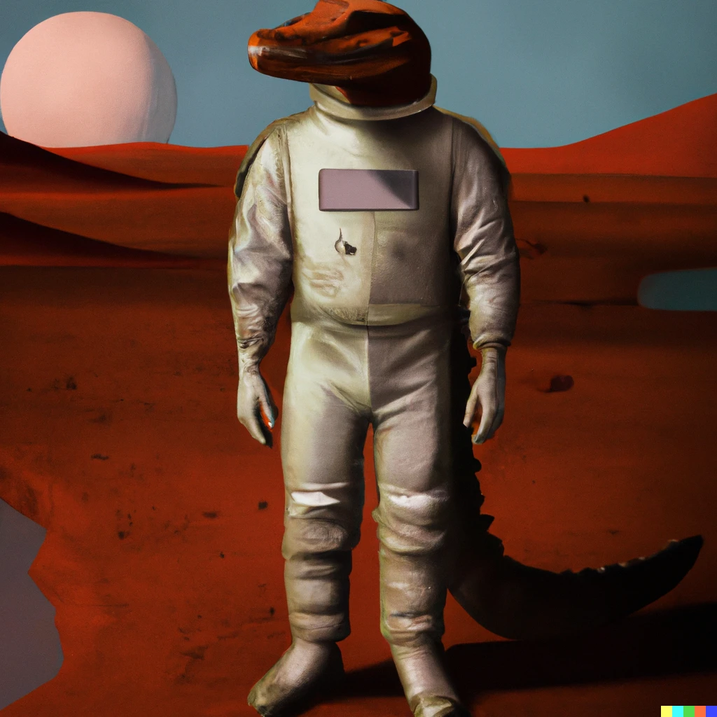 Prompt: Half man, half alligator astronaut standing on mars digital art 