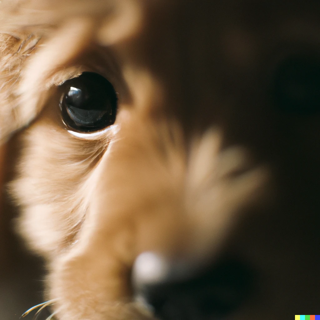 Prompt: A 35mm photo of a golden retriever puppy's eyes crying, unreal engine