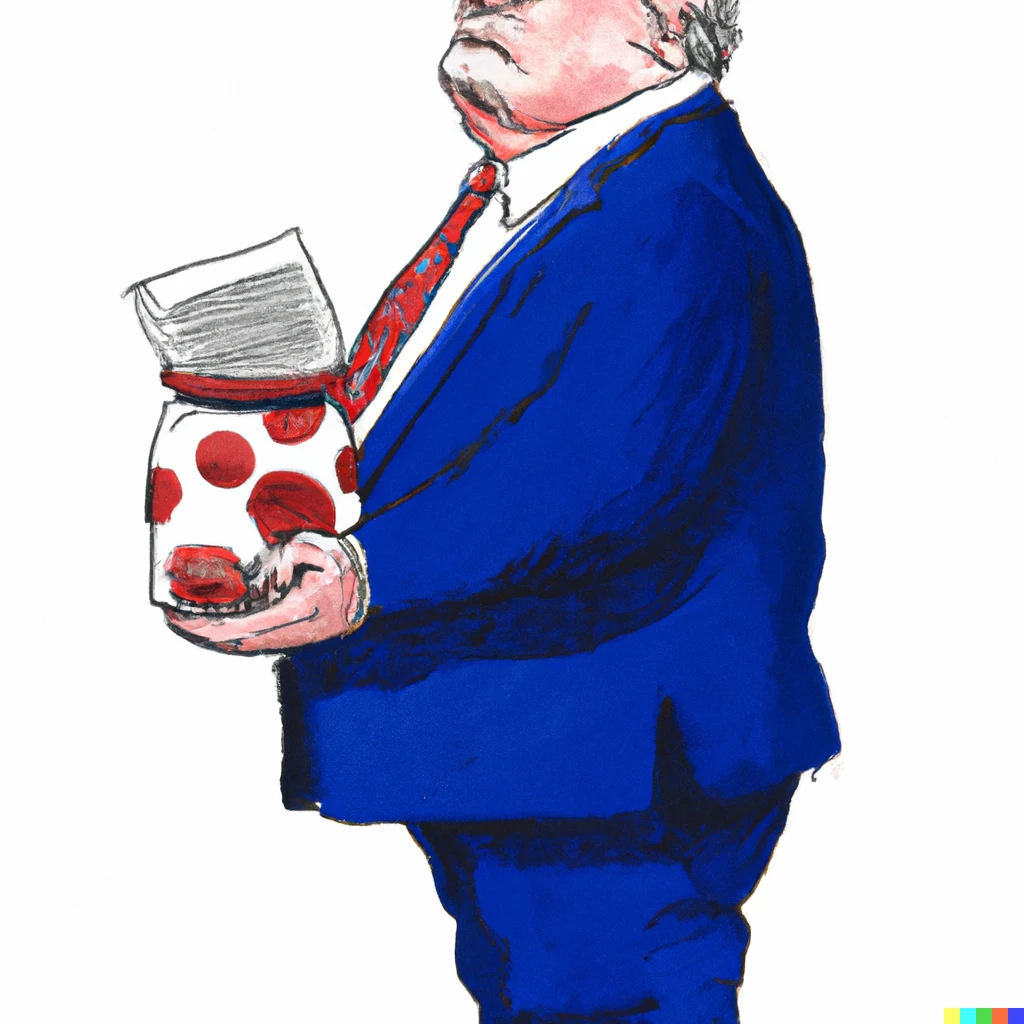 Prompt: A very fat, old man with a blond combover, in a blue suit and red tie is hiding documents in a cookie jar, depicted in the style of a cartoon by Bill Plympton