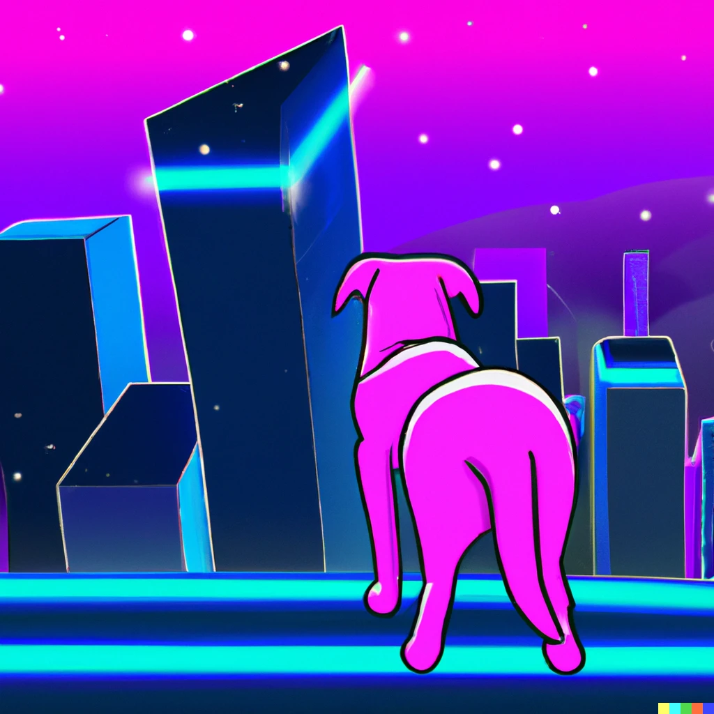 Prompt: A dog on top of a sky scraper looking down a futuristic city in neon style
