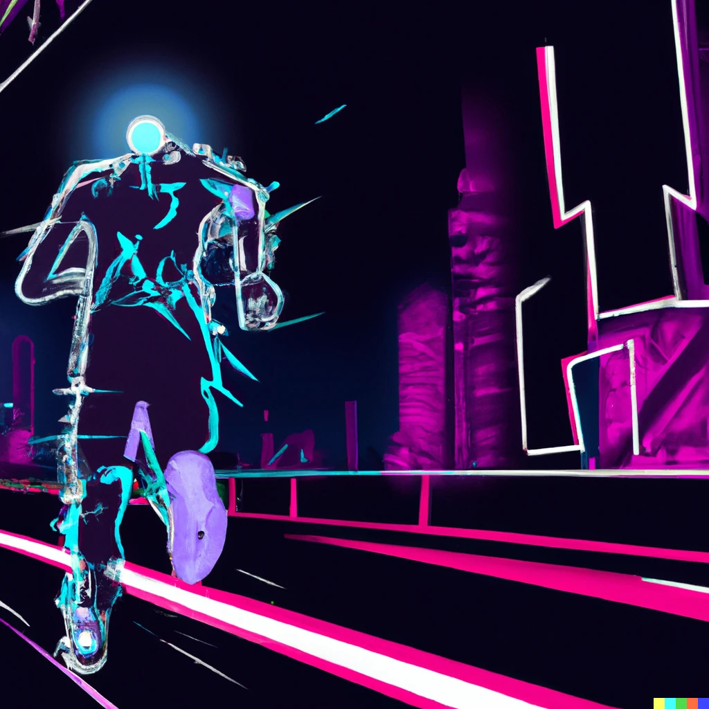 Prompt: A man is having an out of body experience whilst running in a futuristic city in neon style