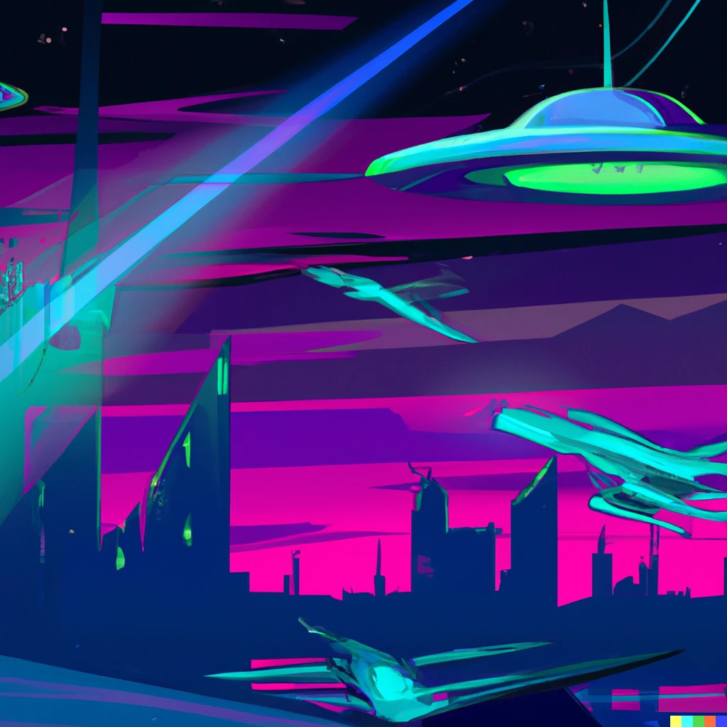 Prompt: A UFO is being chased by fighter jets in a futuristic city in neon style 