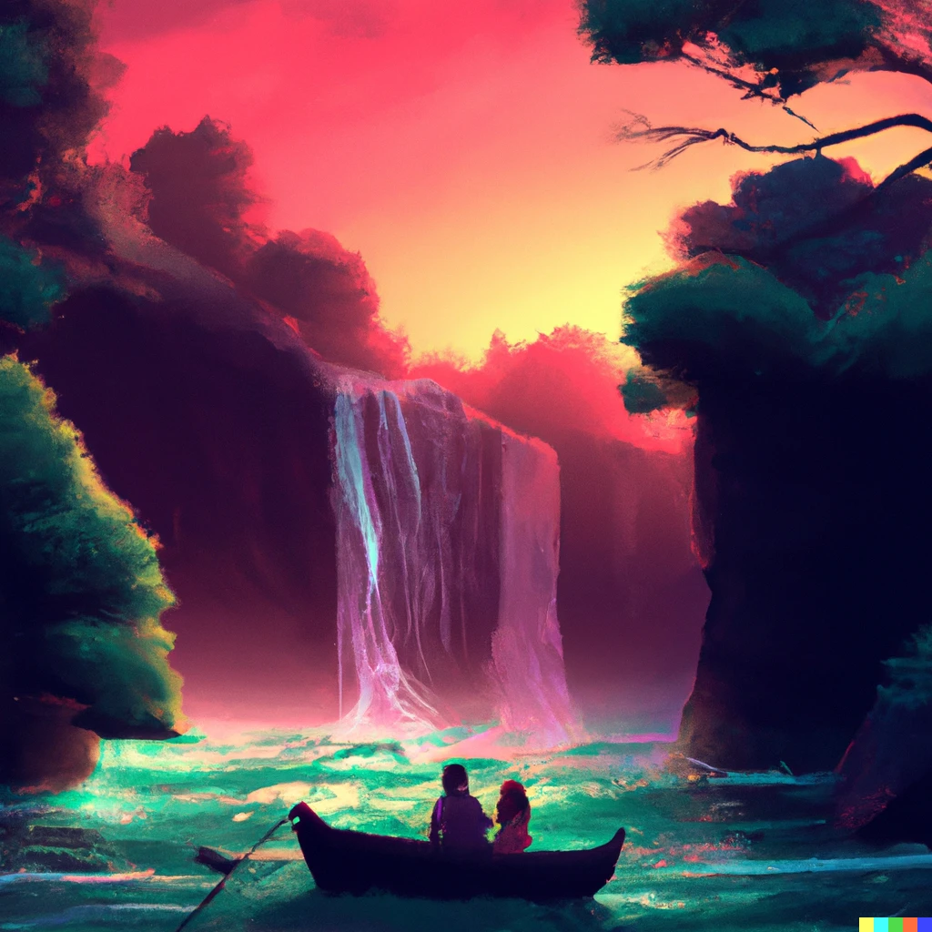 Prompt: A family in a boat on a river surrounded by beautiful nature looking at a waterfall at sun rise in 3D digital art