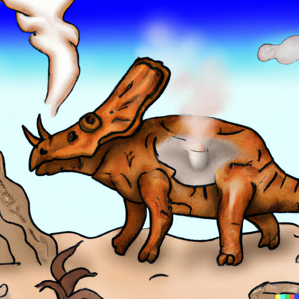 Prompt: petrified triceratops breathing a brown gas cloud