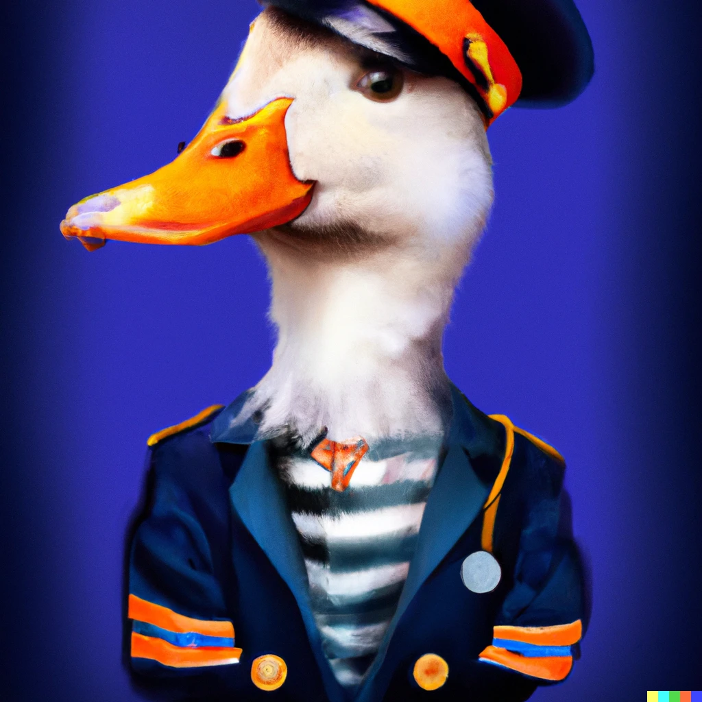 Prompt: A intelligent-looking duck dressed as captain, portrait digital art