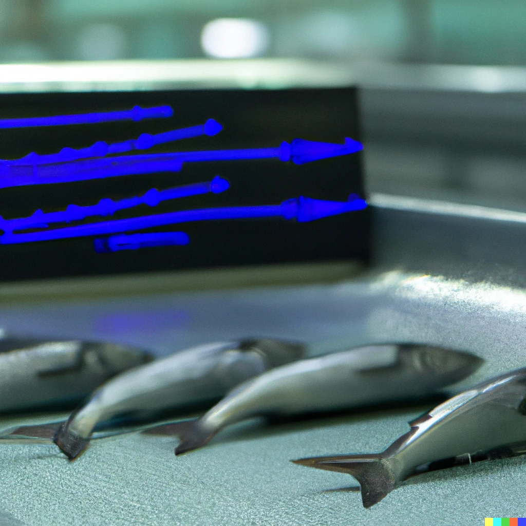 Prompt: some fishes are carried on the belt conveyer. ai monitor is setted on the conveyer and recognizing the fishes.