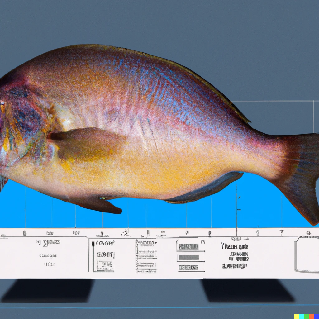 Prompt: A photo of a fish analyzed in the 3d space. The contents are species, length, height, weight, etc.