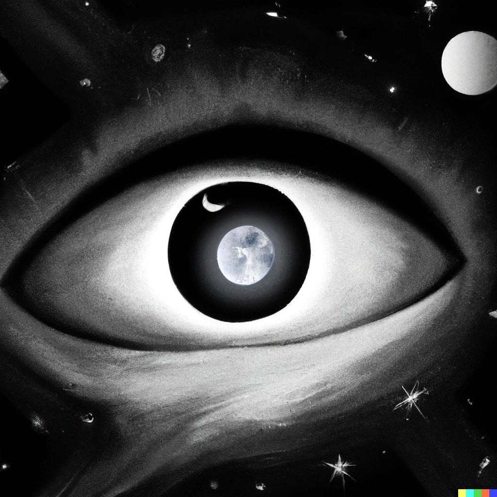 Prompt: A moon in the center of a starry sky with a giant open eye on its surface in a chiaroscuro style.