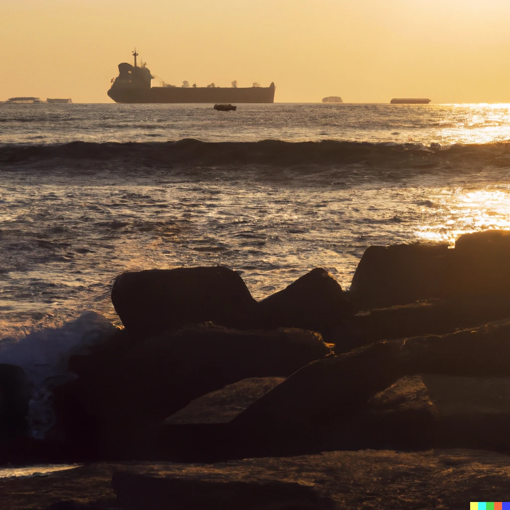 Prompt: A ship arriving at the port at sunset in the background, as seen from a beach.
