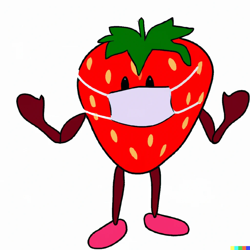 Prompt: Strawberry with arms and legs wearing a mask