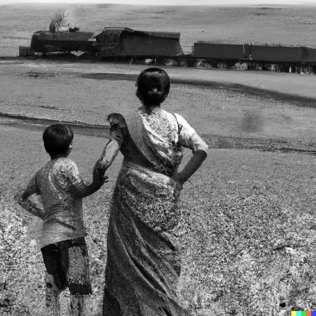 Prompt: a poor indian boy and his elder sister wearing torn saree running across mustard field and watches a coal engine train coming from afar in early 20th century, black and white