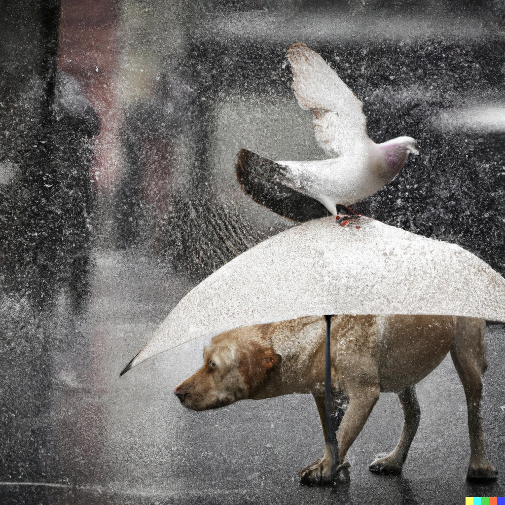 Prompt: a dog holding an umbrella over a shivering pigeon in heavy rain