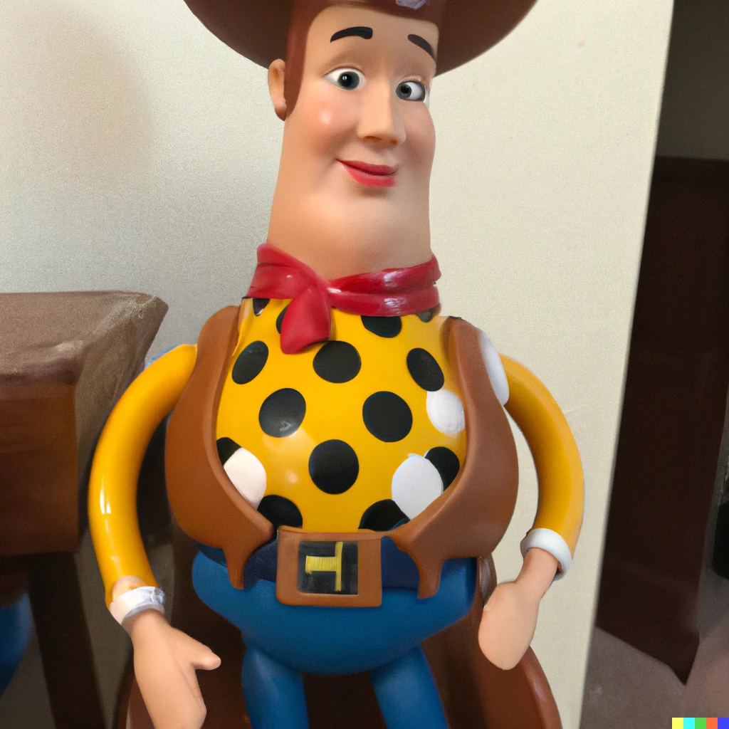 Prompt: woody from toy story gets as fat as humpty dumpty