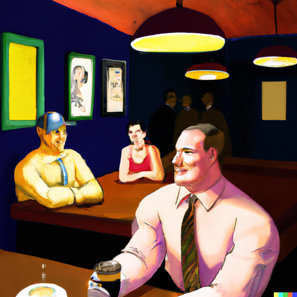 Prompt: John Cena chatting at a lesbian bar late at night painted by Edward Hopper