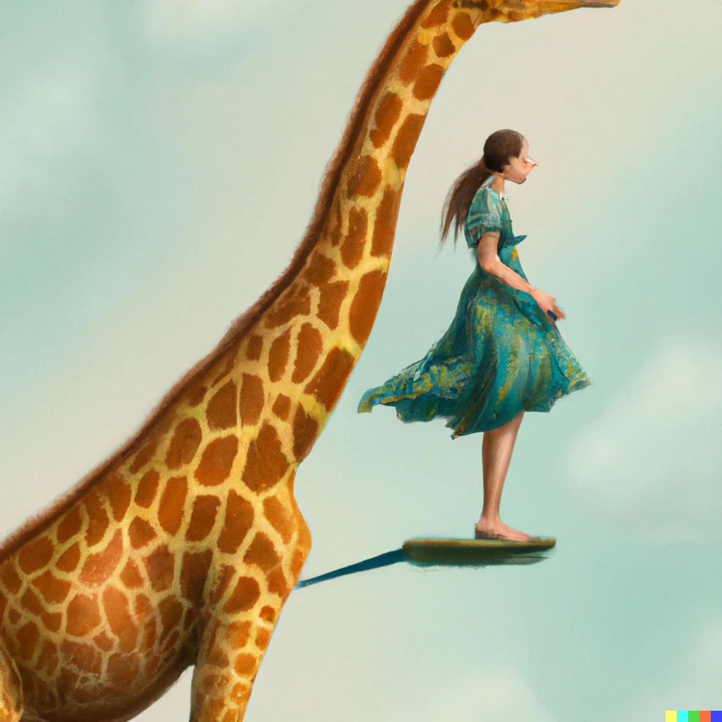 Prompt: The tallest woman in the world and her giraffe are waiting for the great leap forward. Digital art